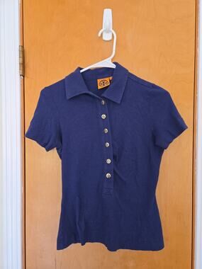 Tory Burch Navy Blue Polo Shirt with TB Signature Logo Buttons Size XS